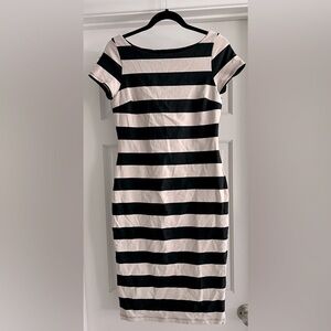 Bebe black beige striped sexy pencil midi dress size medium stretch fitted
